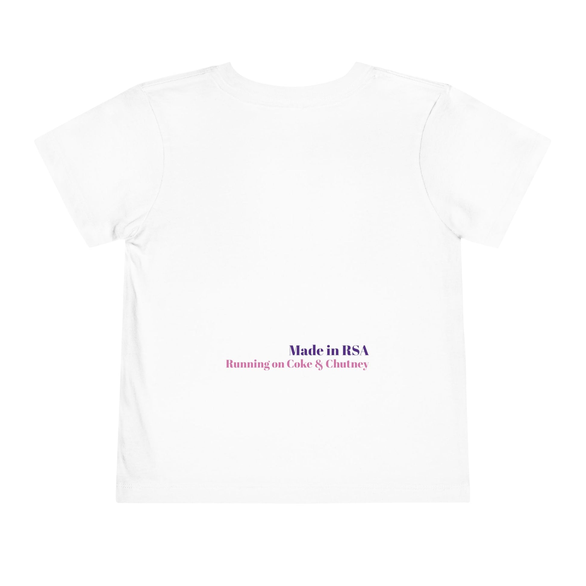 Bakgat Meisie Toddler Tee – “Made in RSA, Running on Coke & Chutney” | Playful Short Sleeve Shirt for Little Legends