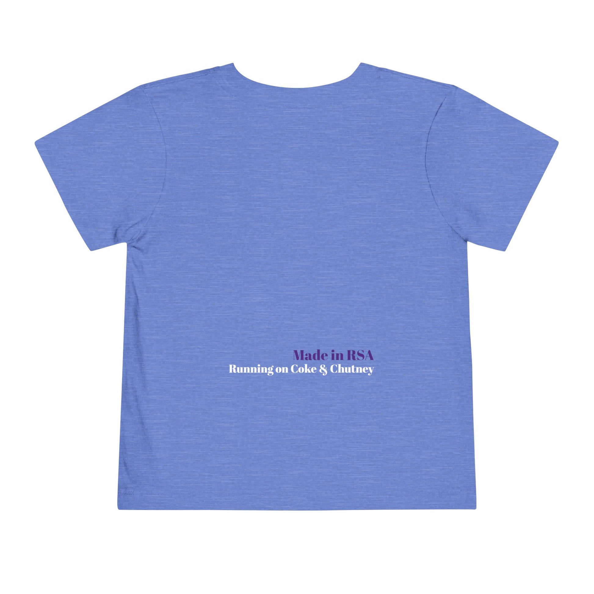 Bakgat Meisie Toddler Tee – “Made in RSA, Running on Coke & Chutney” | Playful Short Sleeve Shirt for Little Legends