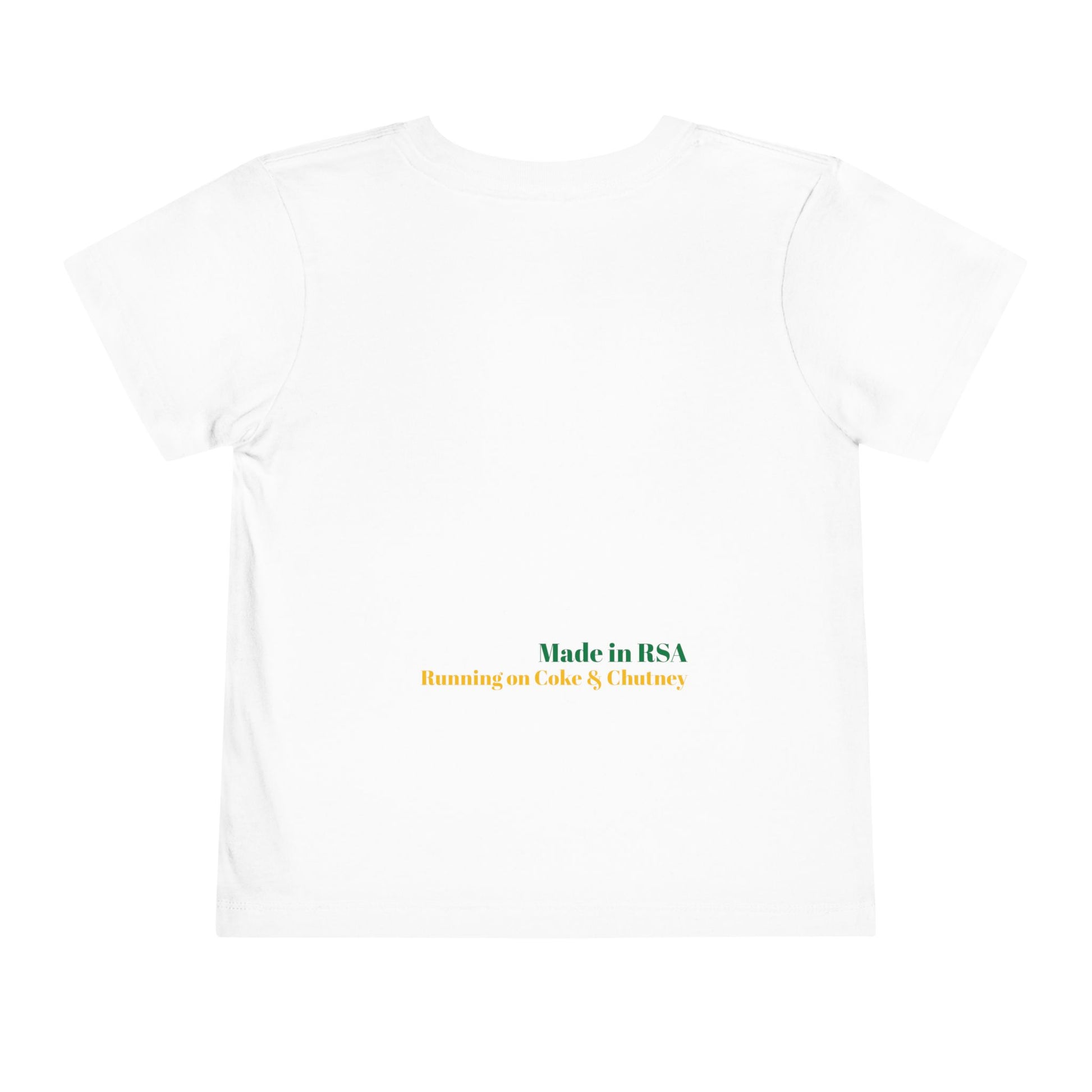 Bakgat Boytjie Toddler Tee – “Made in RSA, Running on Coke & Chutney” | Playful Short Sleeve Shirt for Little Legends